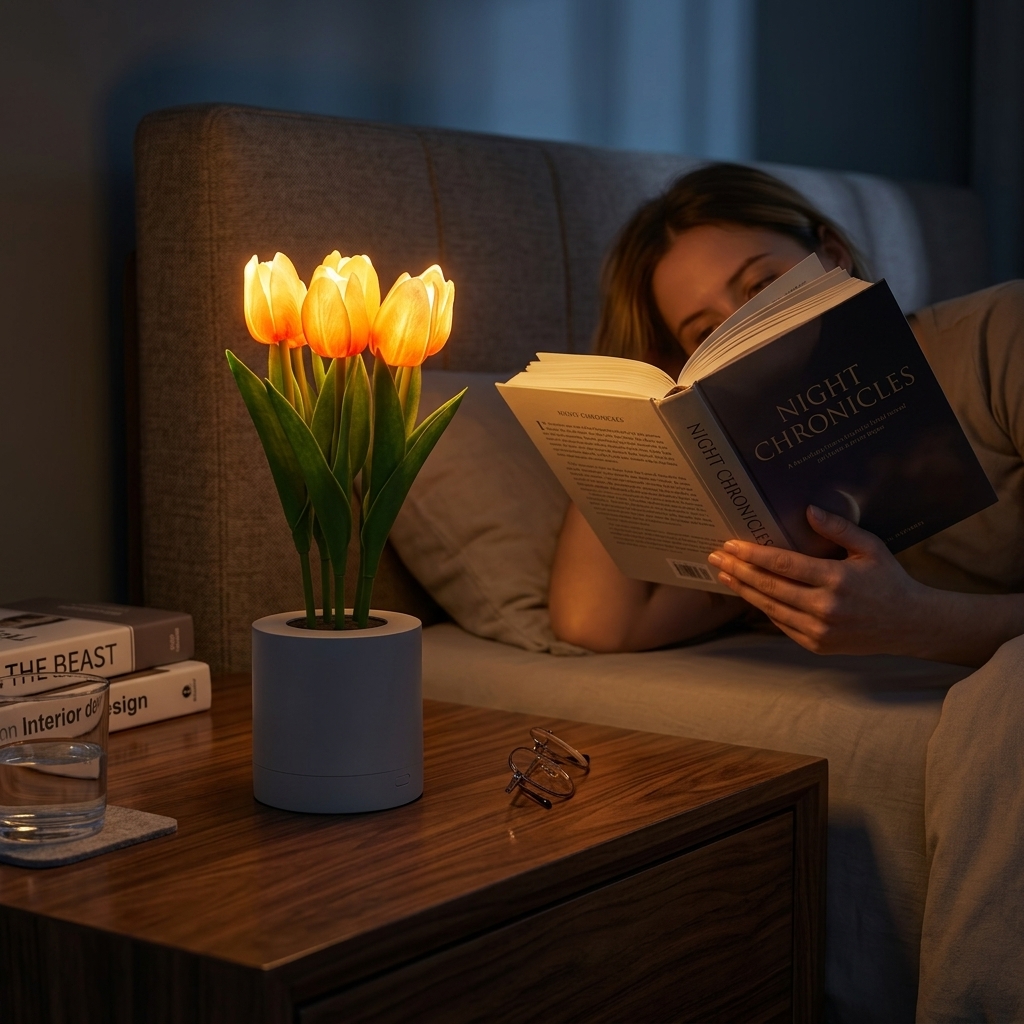 Lámpara Tulipshine en mesita de noche, mujer leyendo